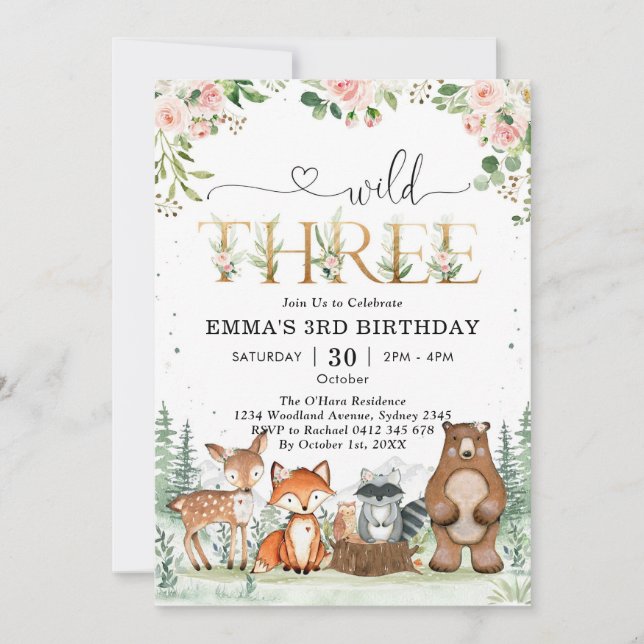 Wild Three Woodland Party Animals 3rd Birthday Einladung (Vorderseite)
