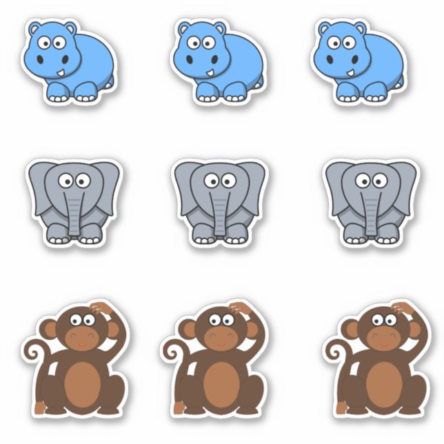 Wild tierisches Hippo, Elefant, Affe Cartoon Aufkleber (Vorderseite)