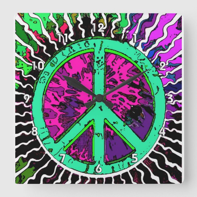 Wild Trippy Hippie Peace Sign Quadratische Wanduhr (Vorderseite)