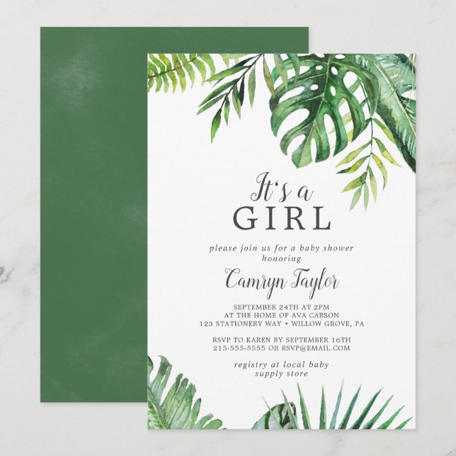 Wild Tropical Es ist eine Mädchen-Baby-Dusche Einl Einladung (Vorne/Hinten)