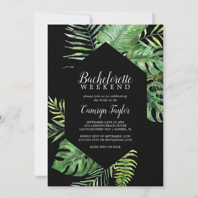 Wild Tropical Palm | Black Bachelorette Weekend Einladung (Vorderseite)