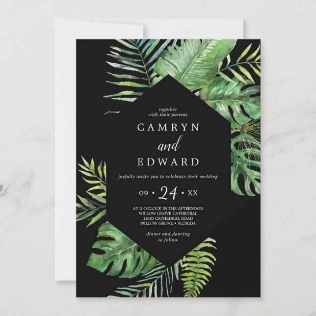 Wild Tropical Palm | Black Hexagon Lässig Wedding Einladung (Vorderseite)
