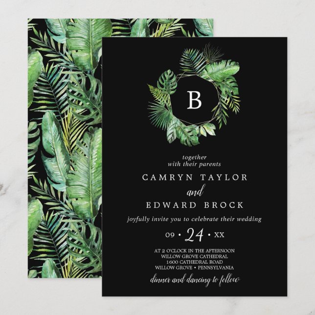 Wild Tropical Palm | Black Monogram Wedding Einladung (Vorne/Hinten)