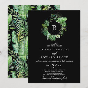 Wild Tropical Palm Black Monogram Wedding Einladung