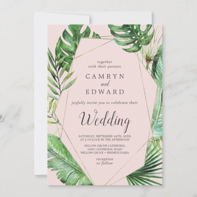 Wild Tropical Palm | Blush Geometric Wedding Einladung (Vorderseite)