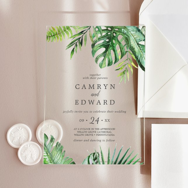Wild Tropical Palm Boho Beach Hochzeit in Urlaubso Acryleinladungen (Wild Tropical Palm Boho Beach Destination Wedding Acrylic Invitations)