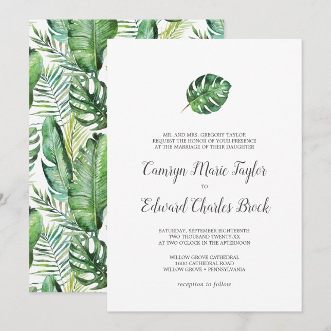 Wild Tropical Palm feierliche Hochzeit Einladung (Vorne/Hinten)