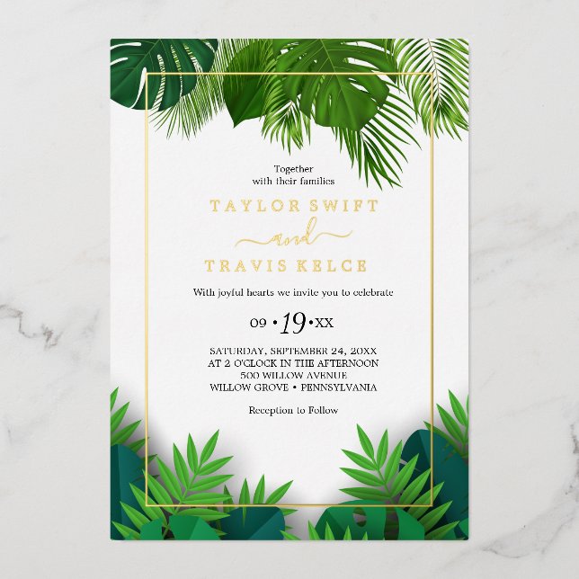 Wild Tropical Palm | Goldfoil Hexagon Hochzeit Folieneinladung (Vorderseite)