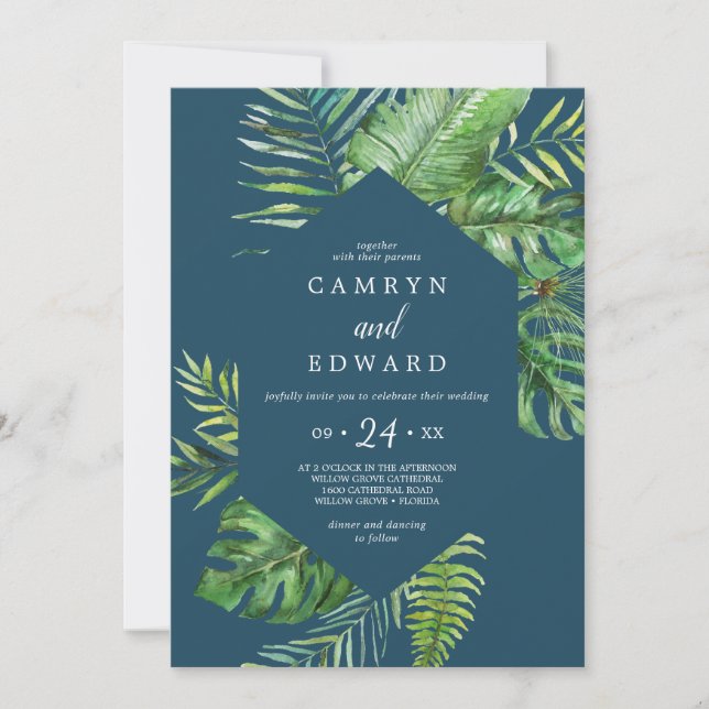 Wild Tropical Palm | Lässige Hochzeit der Marine H Einladung (Vorderseite)