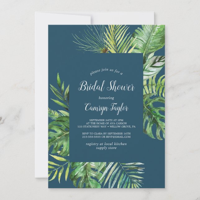 Wild Tropical Palm | Navy Blue Brautparty Einladung (Vorderseite)
