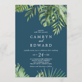 Wild Tropical Palm | Navy Blue Lässig Wedding Einladung
