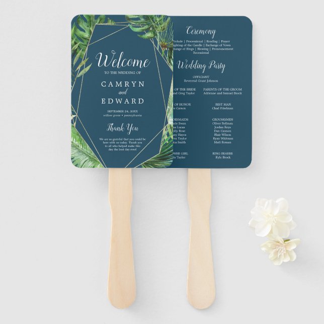 Wild Tropical Palm | Navy Blue Wedding Program Fan Fächer (Vorne und Hinten)