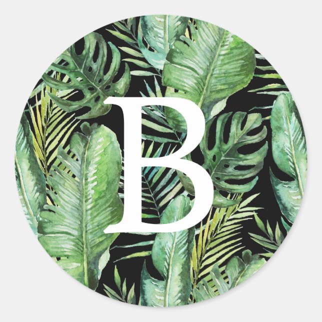 Wild Tropical Palm | Schwarze Monogramm-Umschlag A Runder Aufkleber (Vorderseite)