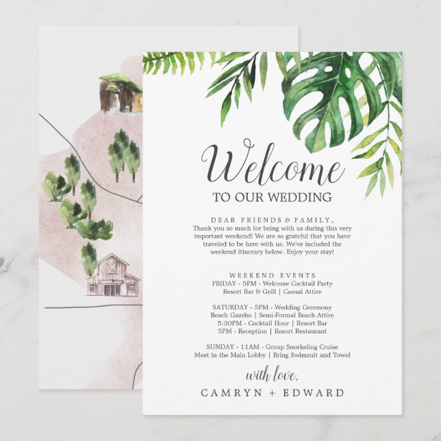 Wild Tropical Palm Willkommensbrief Reiseplan & Ka (Vorne/Hinten)