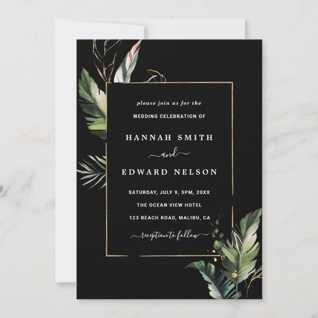 Wild-tropische Foliage-Hochzeit Schwarz Einladung (Vorderseite)