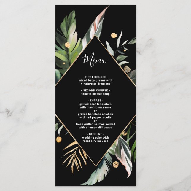 Wild-tropische Foliage-Hochzeit Schwarz Menükarte (Vorderseite)