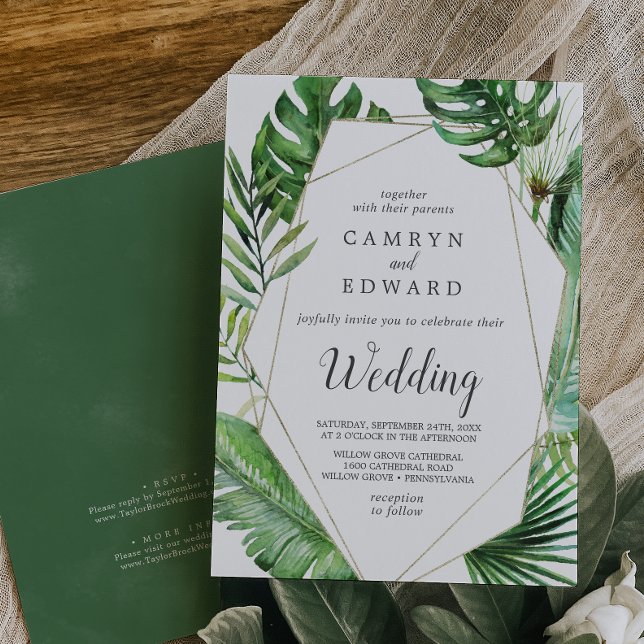 Wild tropische Palmgeometrie in einer Hochzeit Einladung (Von Creator hochgeladen)