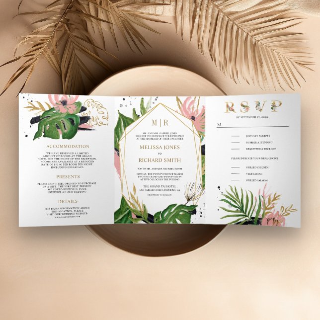 Wild tropisches Gold Blush Pink Blumenzehen Dreifach Gefaltete Einladung (Von Creator hochgeladen)