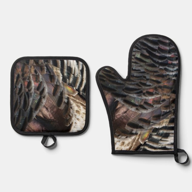 Wild Turkey Feathers I Abstrakt Nature Design Ofenhandschuh & Topflappen-Set (Vorderseite)
