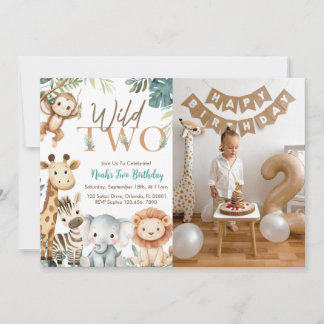 Wild Two Safari Animals Boy Birthday Party Photo Einladung