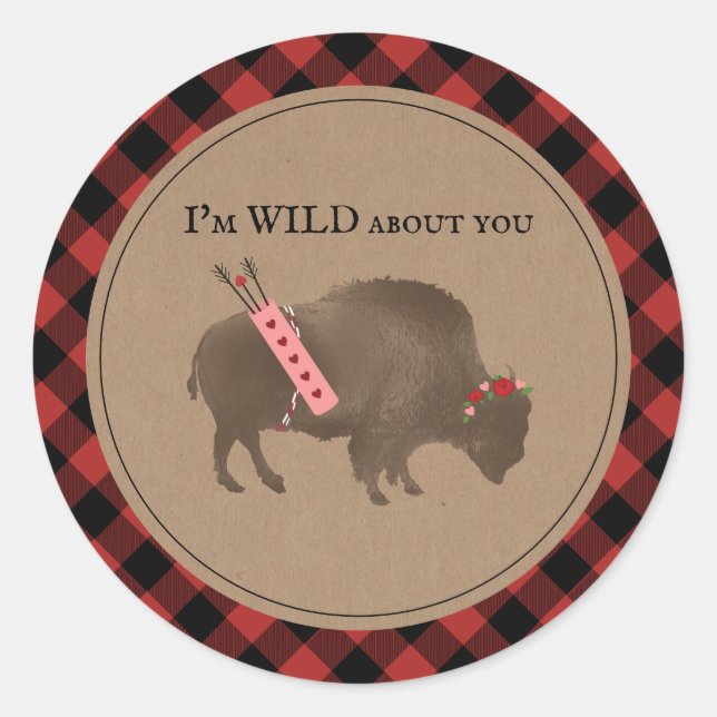 Wild über Sie Buffalo Karierte Cupid Valentine Runder Aufkleber (Vorderseite)