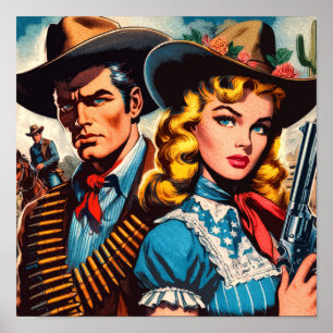 Wild West Couple Retro Comic Poster