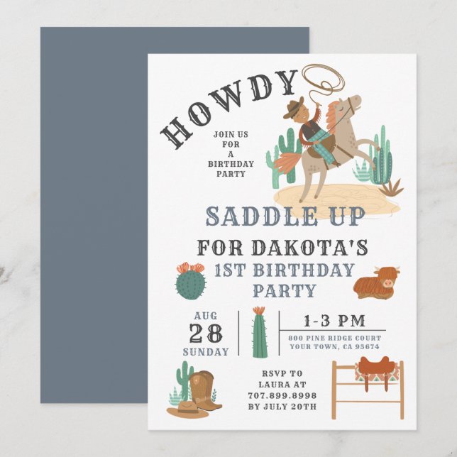 Wild West Cowboy Boy Erstgeburt Einladung (Vorne/Hinten)