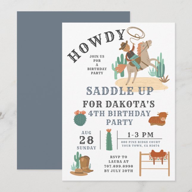 Wild West Cowboy Boy Invitation 4e anniversaire (Devant / Derrière)