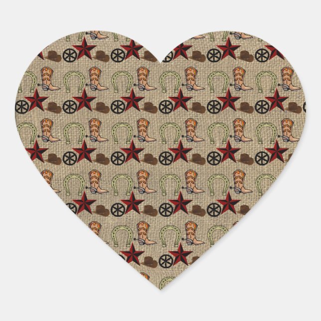 Wild West Cowboy Country Western auf Burlap Patter Herz-Aufkleber (Vorderseite)