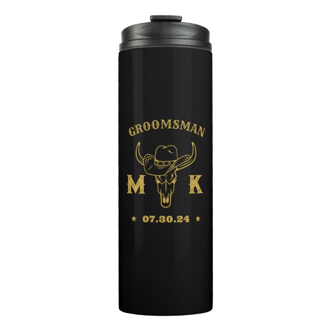 Wild West Cowboy Personalisierte Monogram-Trauzeug Thermosbecher (Vorderseite)