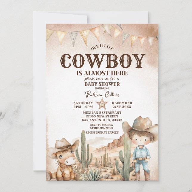 Wild West Little Cowboy Baby Shower Einladung (Vorderseite)