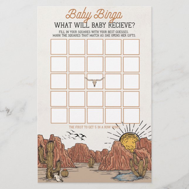 Wild West Rodeo Baby Bingo Baby Dusche Spiel (Vorderseite)