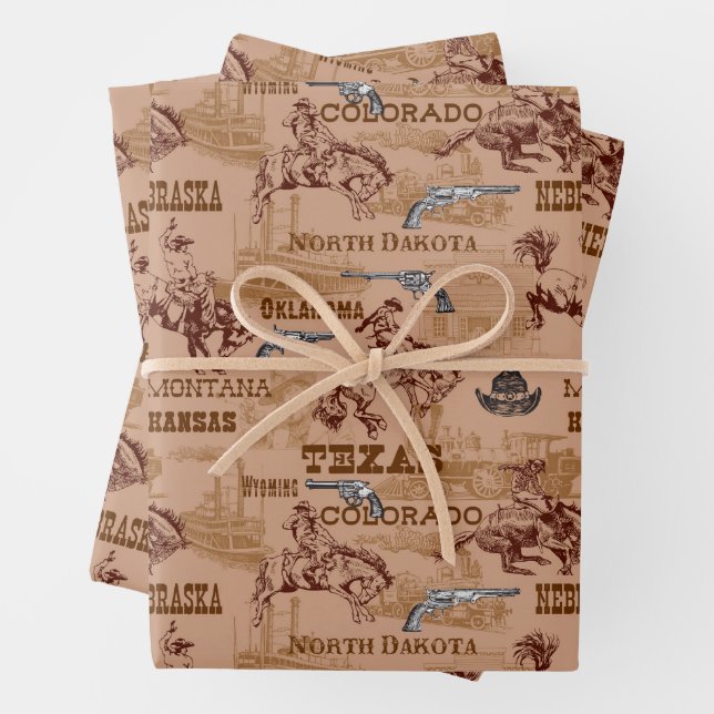 Wild West Rodeo Cowboys Broncos Six Shooters Geschenkpapier Set (Beispiel)