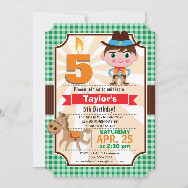 Wild West Sheriff Boy; Green Birthday Party Einladung (Vorderseite)