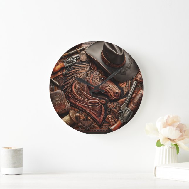 Wild West Still Life: Cowboy-Hut, Schusswaffe und  Große Wanduhr (Zuhause)