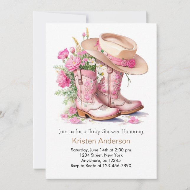 Wild West Watercolor Cowgirl Baby Shower Einladung (Vorderseite)