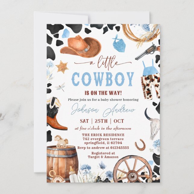 Wild West Western CowBoy Blue Baby Shower Einladung (Vorderseite)