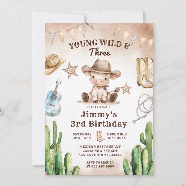 Wild West Young Wild & Three Cowboy Birthday Einladung (Vorderseite)