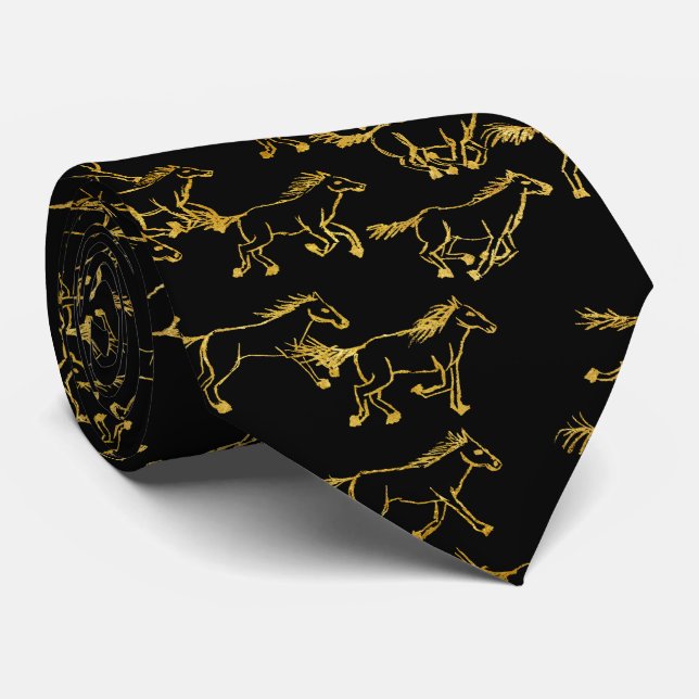 Wild Wild Horses Black and Gold Neck Tie Krawatte (Gerollt)