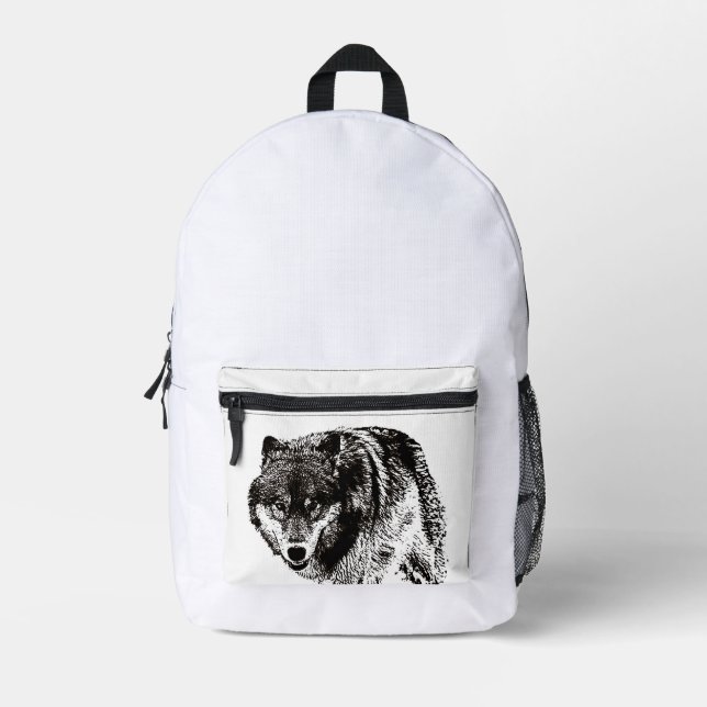 Wild Wolf Black & White Artwork Bedruckter Rucksack (Vorderseite)