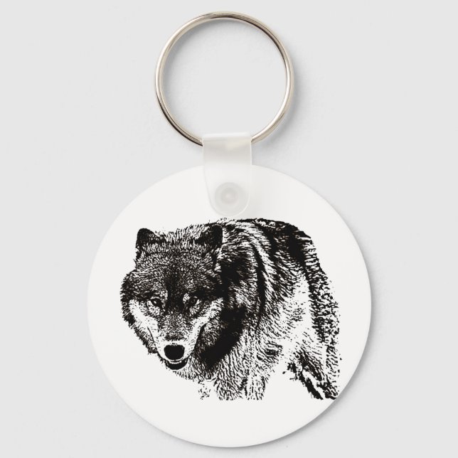 Wild Wolf Black & White Artwork Schlüsselanhänger (Vorderseite)