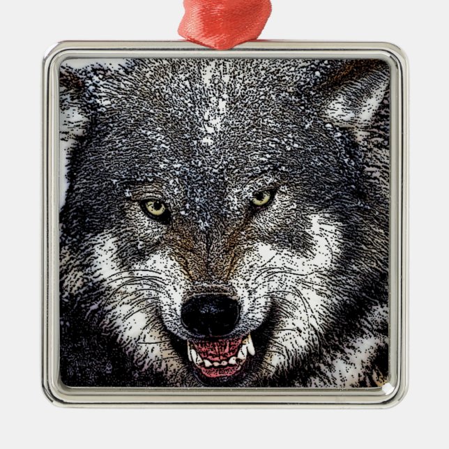 Wild Wolf Silbernes Ornament (Vorne)
