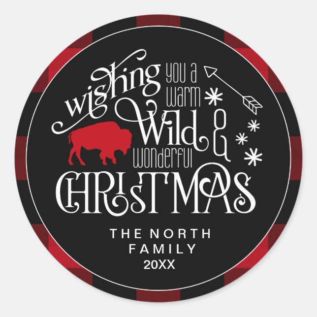 Wild Wonderful Christmas Red & Black Buffalo ID604 Runder Aufkleber (Vorderseite)