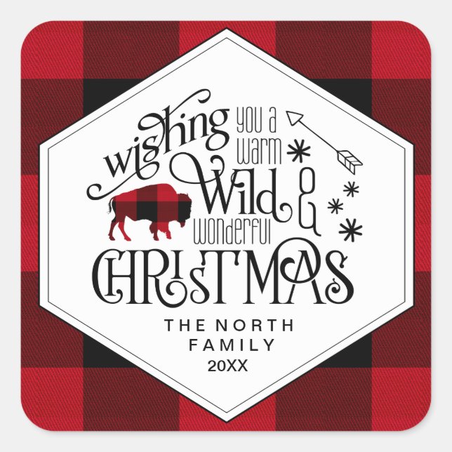 Wild Wonderful Christmas Red & White Buffalo ID604 Quadratischer Aufkleber (Vorderseite)