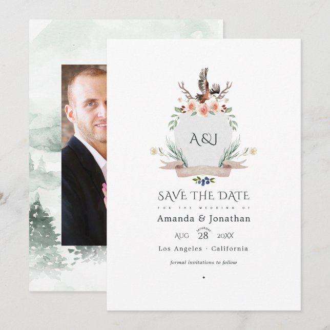 Wild Woodland Laurel Wappen Wedding Foto Save The Date (Vorne/Hinten)