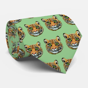 Wild Young Tiger Face Pattern on Olive Green Krawatte