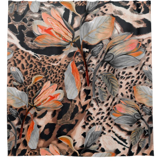 Wildafrikanische Tierhaut mit Brom-Blume-Pattern Duschvorhang (Vorderseite)