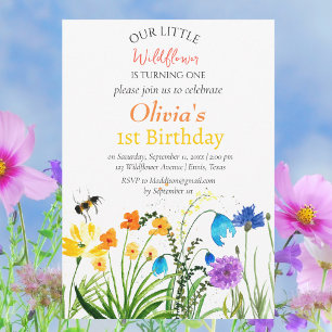 Wildblume 1 Erster Geburtstag Rote Blauer Blume Einladung