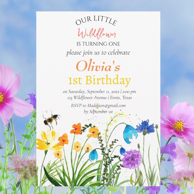 Wildblume 1 Erster Geburtstag Rote Blauer Blume Einladung (Von Creator hochgeladen)