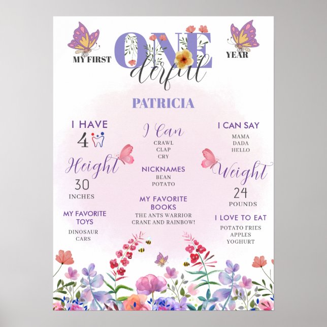 Wildblume 1. Jahr Erster Geburtstag Meilenstein Poster (Vorne)